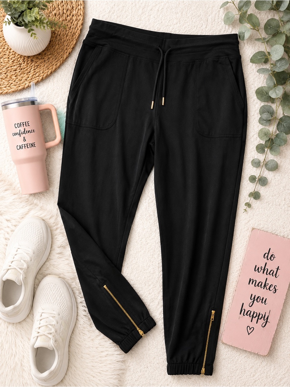 ZYIA Black Track Joggers with Gold Zipper Accents
